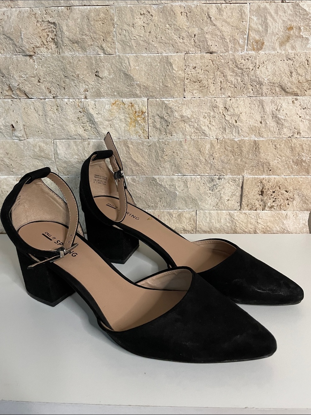 Call It Spring Black Suede D'Orsay Block Heel Pumps with Ankle Strap - Picture 1 of 9